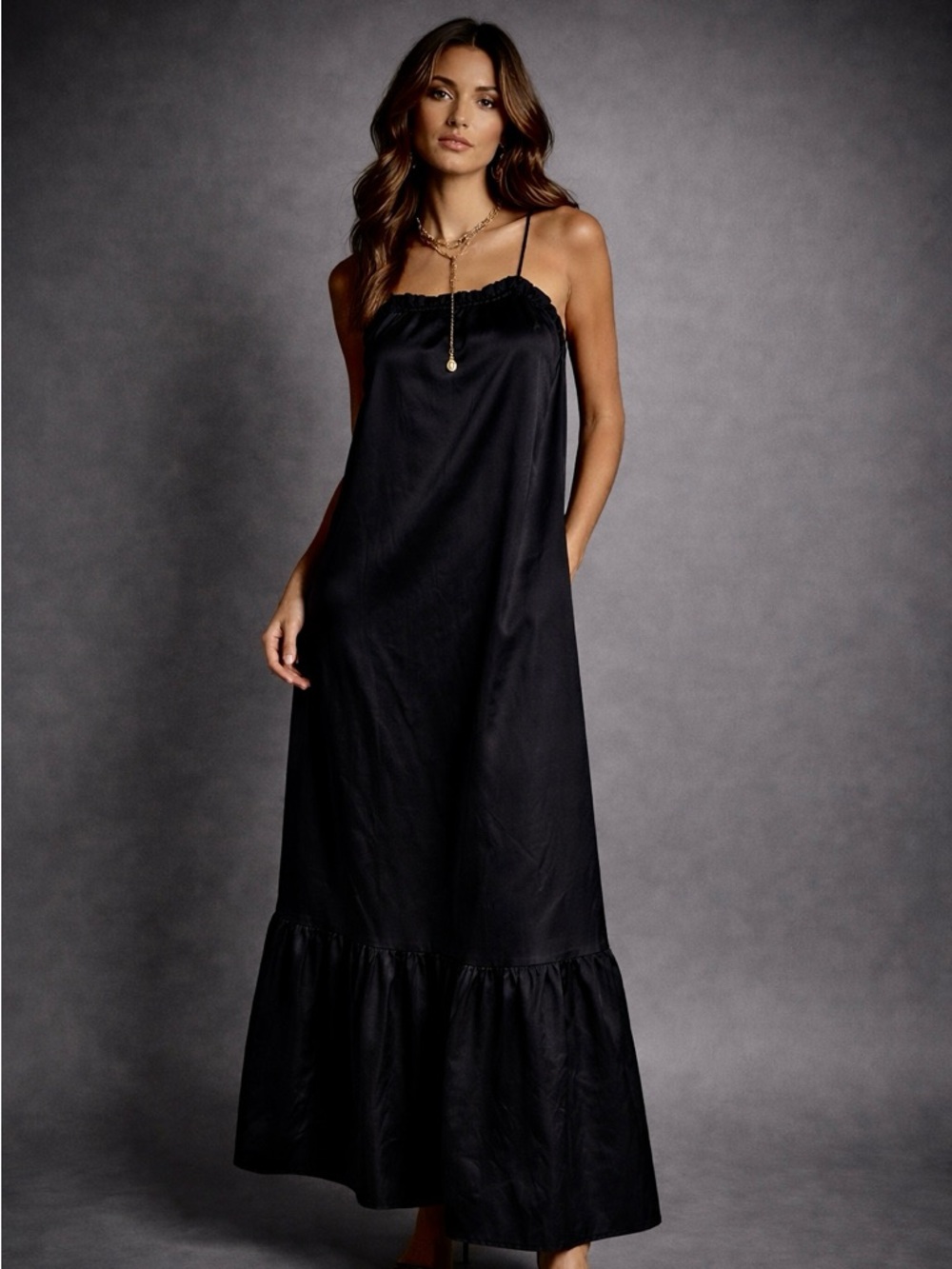 Anthropologie Minimal Satin Maxi Dress Ruffle Neckline Slip Dress - Picture 4 of 5